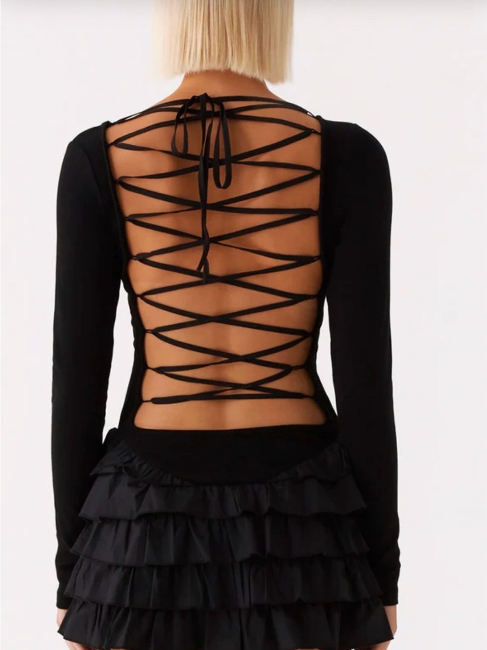 Peppermayo Black Lace-Up Back Long Sleeve Dress